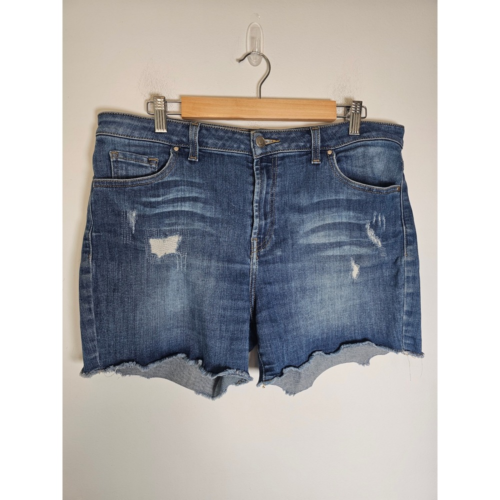 [Boho] Boston Proper Denim Shorts Womens 14 Blue Distressed Raw Hem Stretch